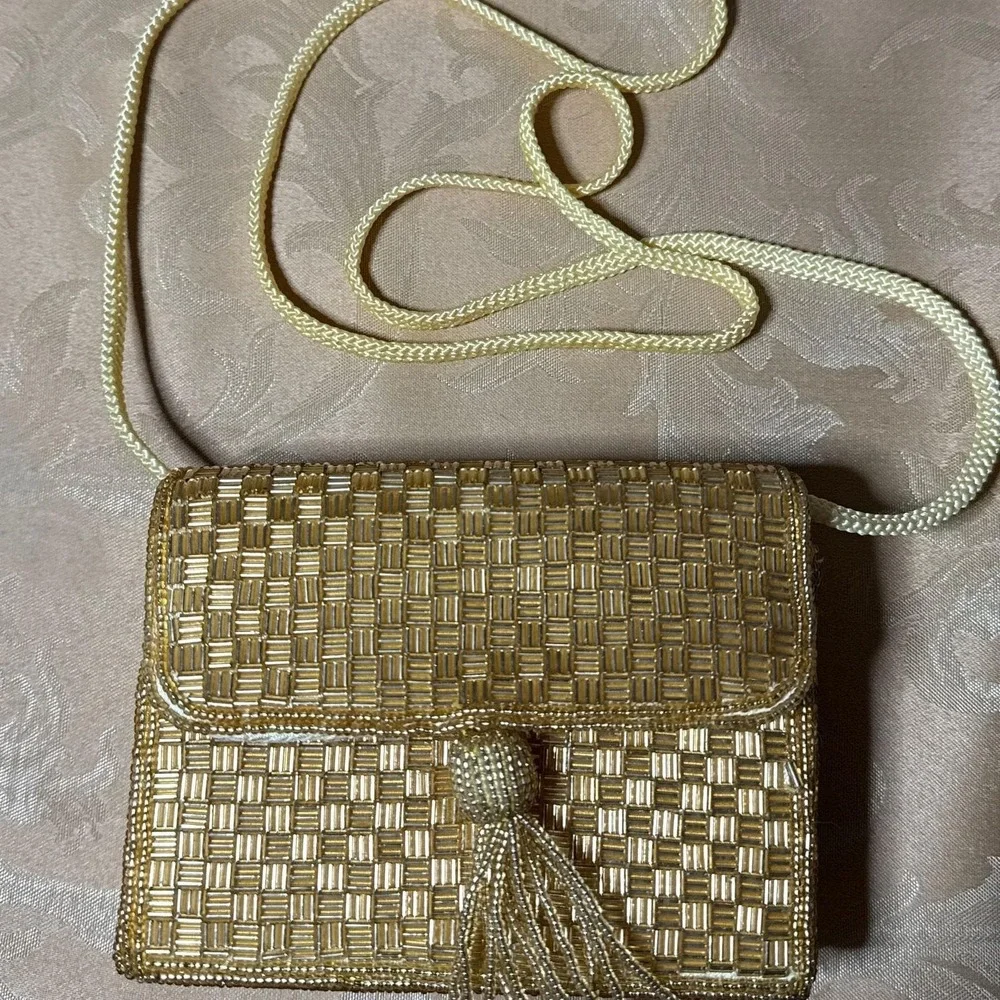 Vintage Magid Gold Hand Beaded Shoulder Clutch Mini Purse